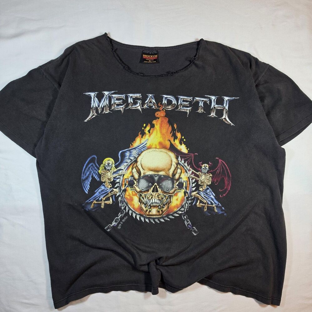 Vintage Megadeth Mens XL Black Brockum Skull Angel Demon Metal 1994 Cut Neck 90s